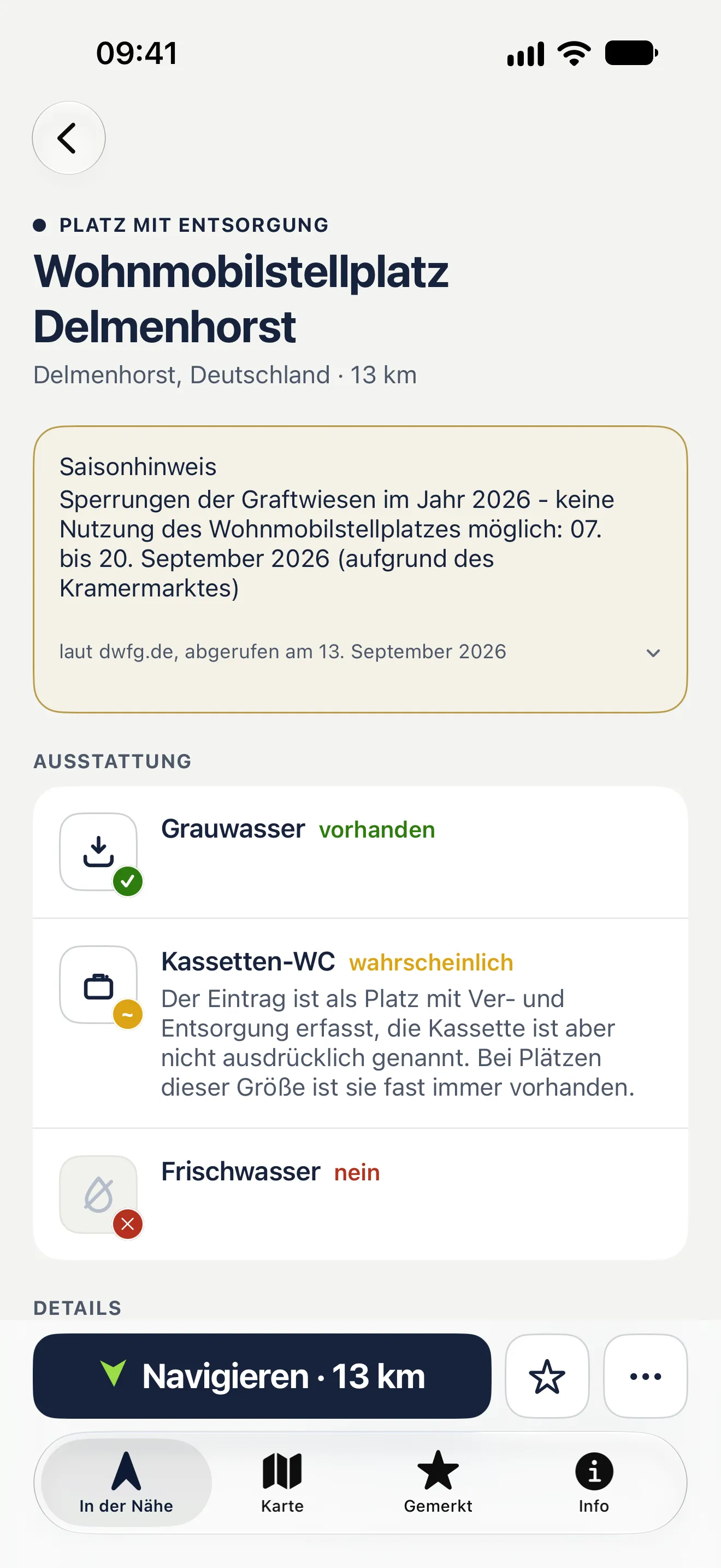 Bildschirmfoto der App: Detailansicht mit Ausstattung — Grauwasser vorhanden, Kassette wahrscheinlich, Frischwasser nicht vorhanden