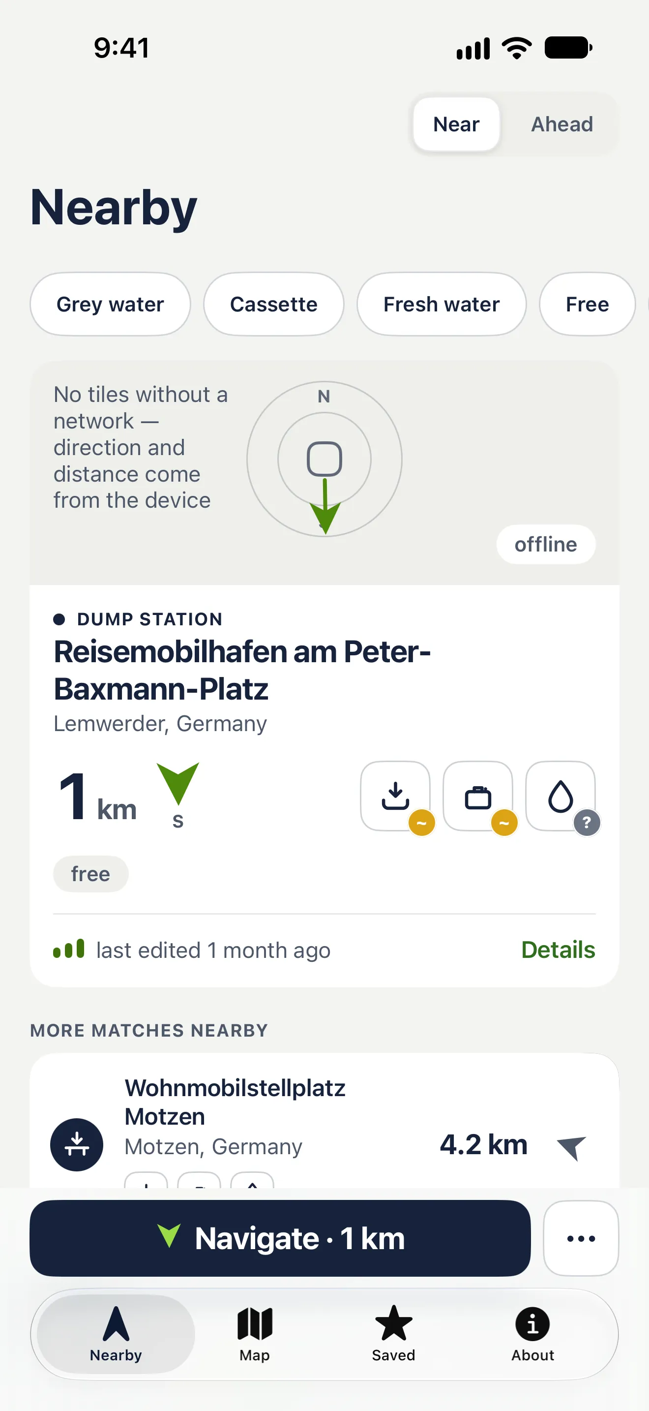 Capture de l’app sans réseau : un cadran de direction à la place de la carte