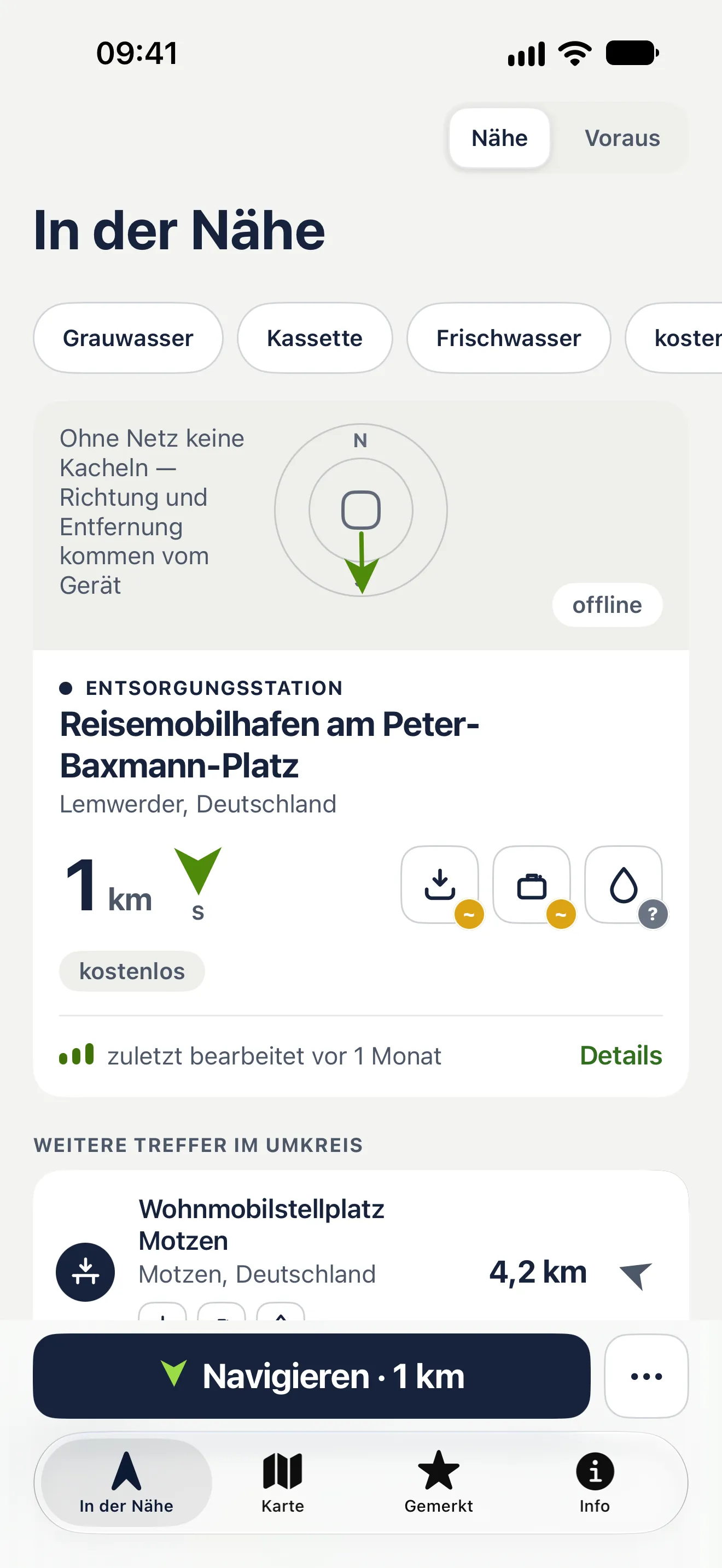 Bildschirmfoto der App ohne Netz: eine Richtungsscheibe statt der Karte