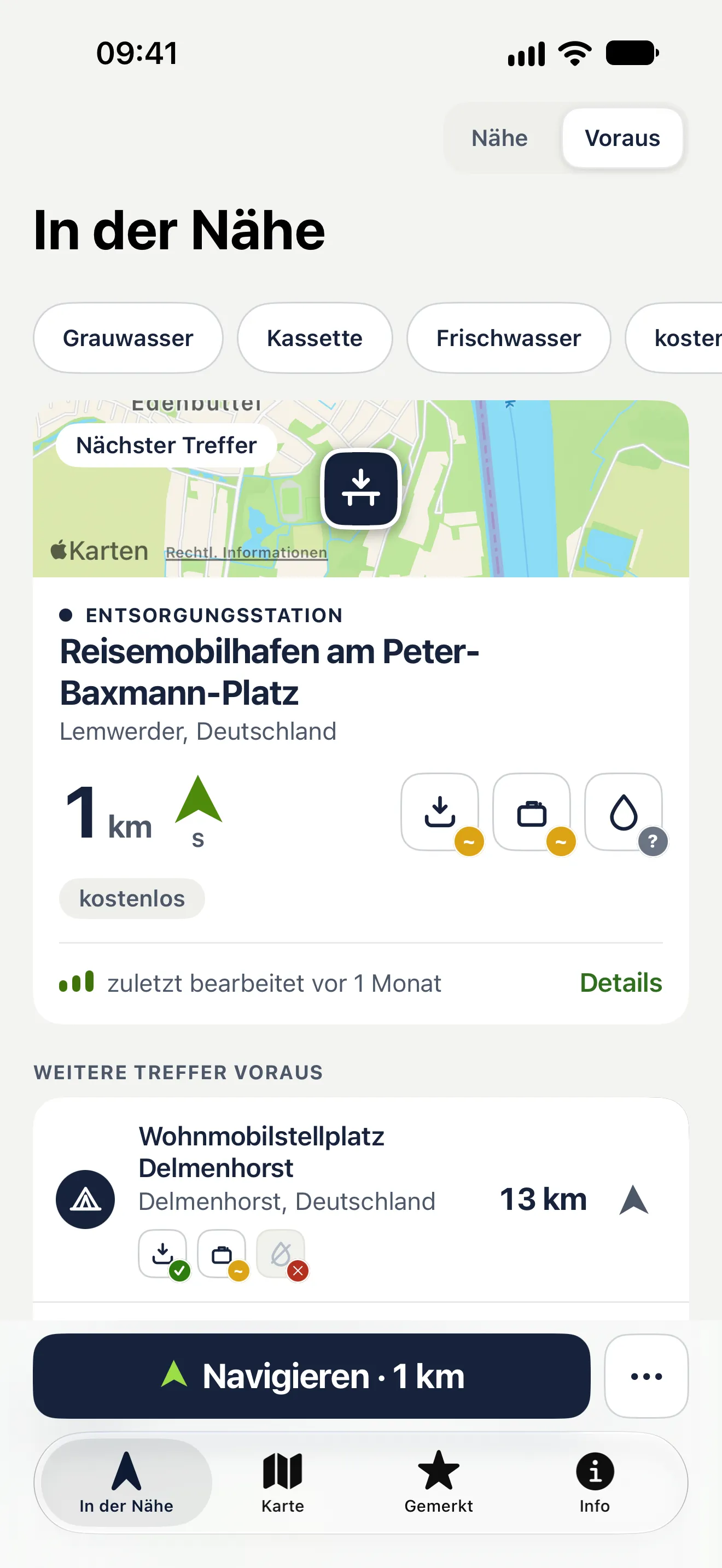 Bildschirmfoto der App: Modus „Voraus“ mit den Stationen in Fahrtrichtung