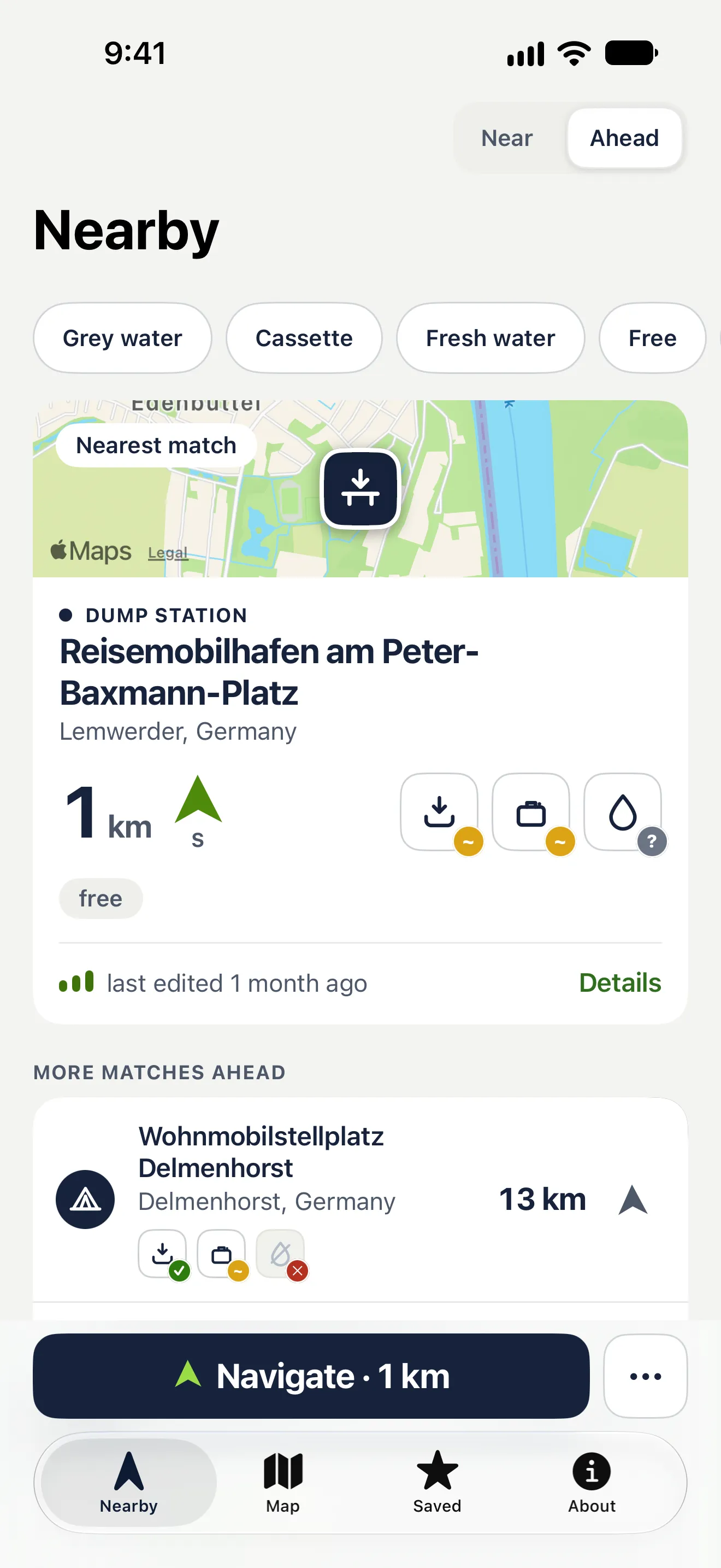 Capture de l’app : le mode « devant » avec les aires dans votre sens de marche